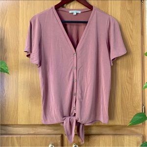 Green Envelope Top Front Tie Rose Blush Pink Vneck Button Down Flowy Boho Shirt